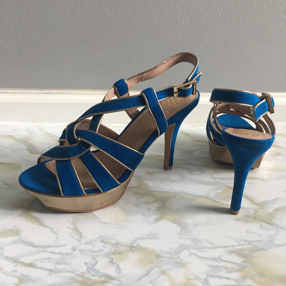 Vince Camuto peacock blue sandal heels